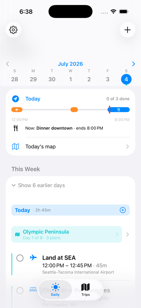 Planthology's Daily view showing a week of plans with a live progress bar