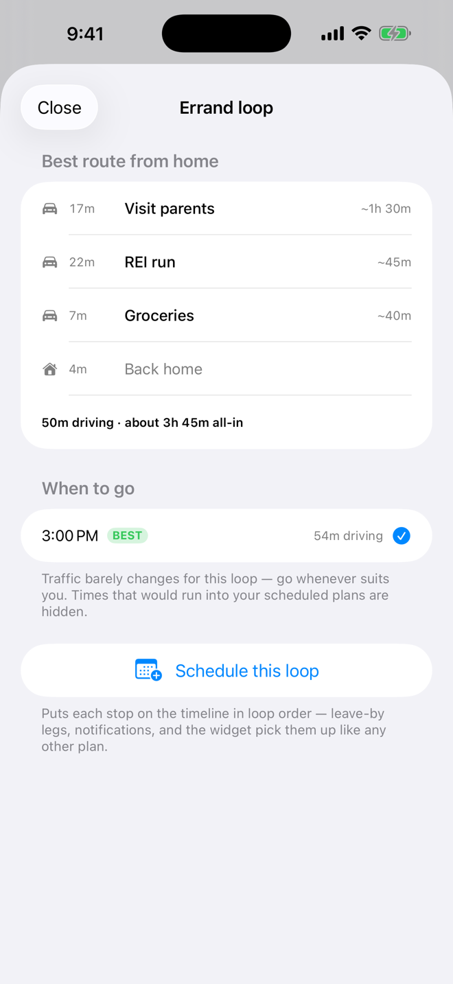 Errand loop planner showing the best stop order, total driving, and the best time to go