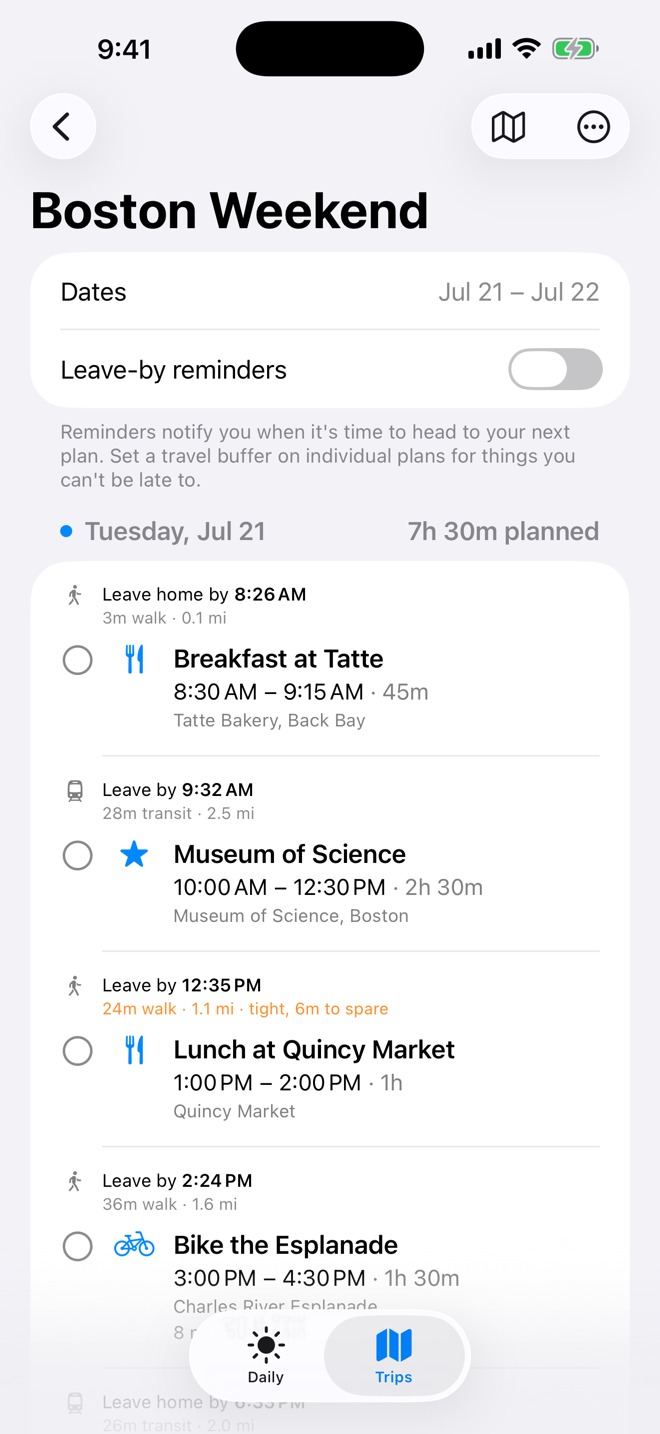 Trip day showing walk and transit legs with leave-by times and a tight-slack warning