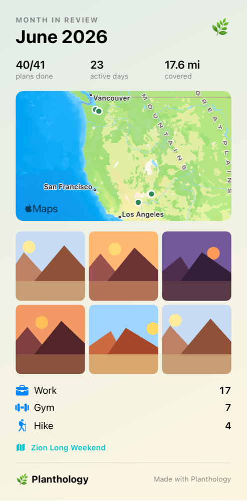 Shareable month recap card with stats, map pins, and photos