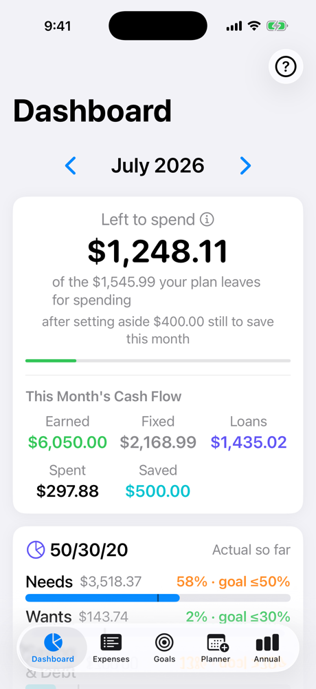 Snowball Budget's Dashboard showing Left to Spend and a 50/30/20 strategy breakdown