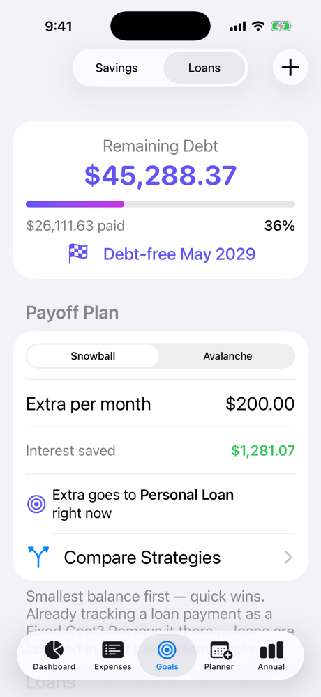 Loans screen with remaining debt, payoff progress, and a debt-free date