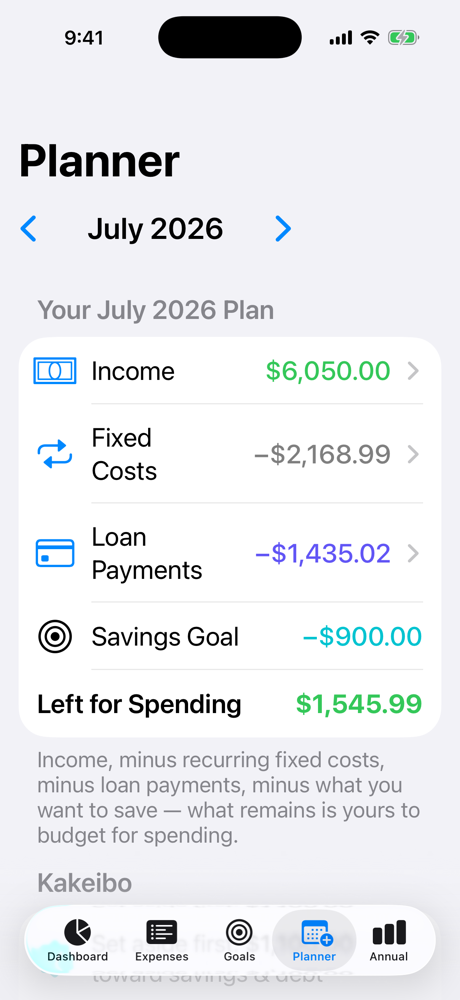 Planner showing income minus fixed costs, loan payments, and savings goal leaving what's left for spending