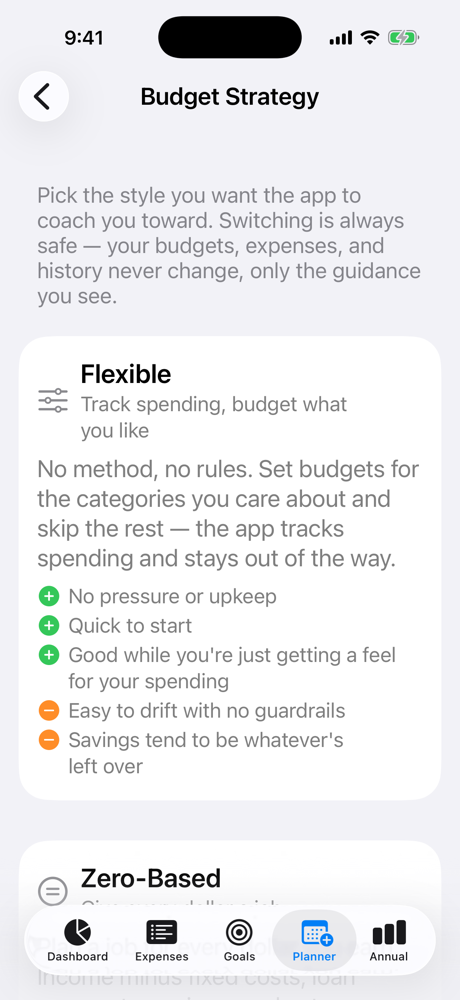 Budget Strategy picker listing budgeting styles with pros and cons