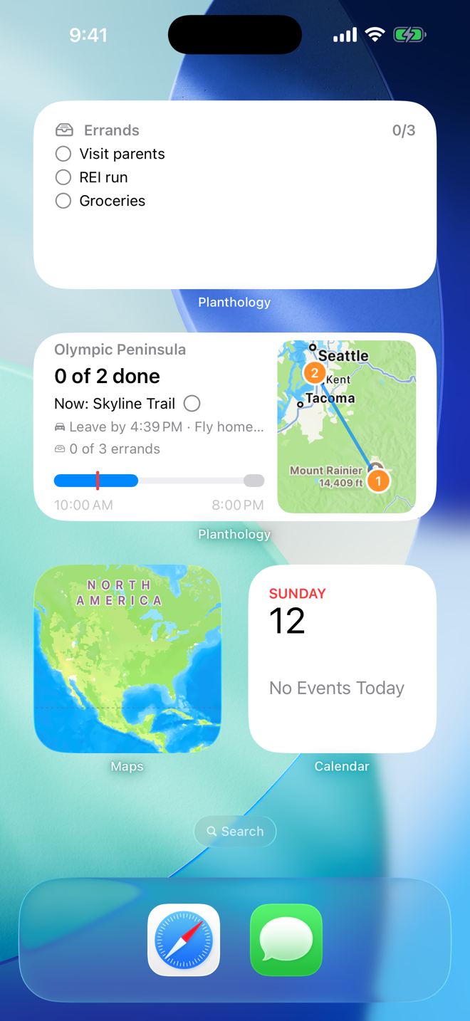 Home Screen with the Errands widget and the Today widget showing progress, leave-by, and route map